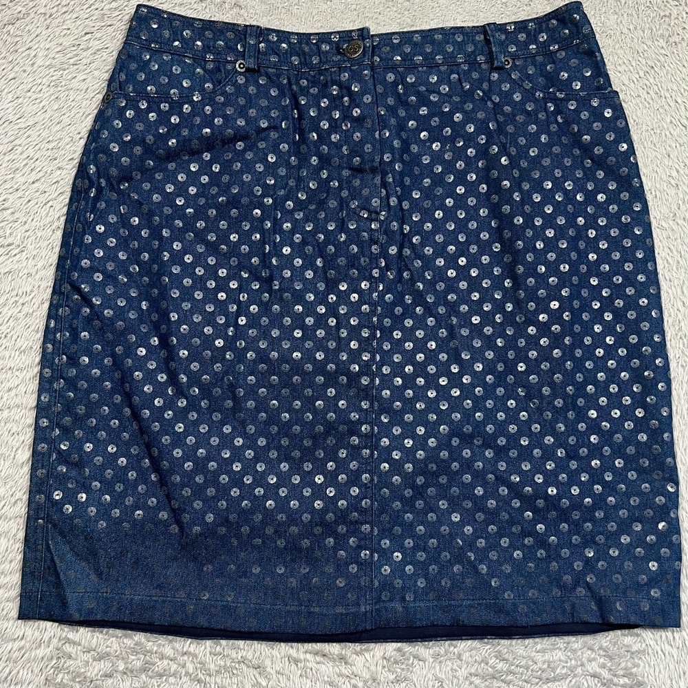 Vintage Cynthia Steffe Womens 8 Blue Denim Mini Skirt Metallic Dot Y2K Disco